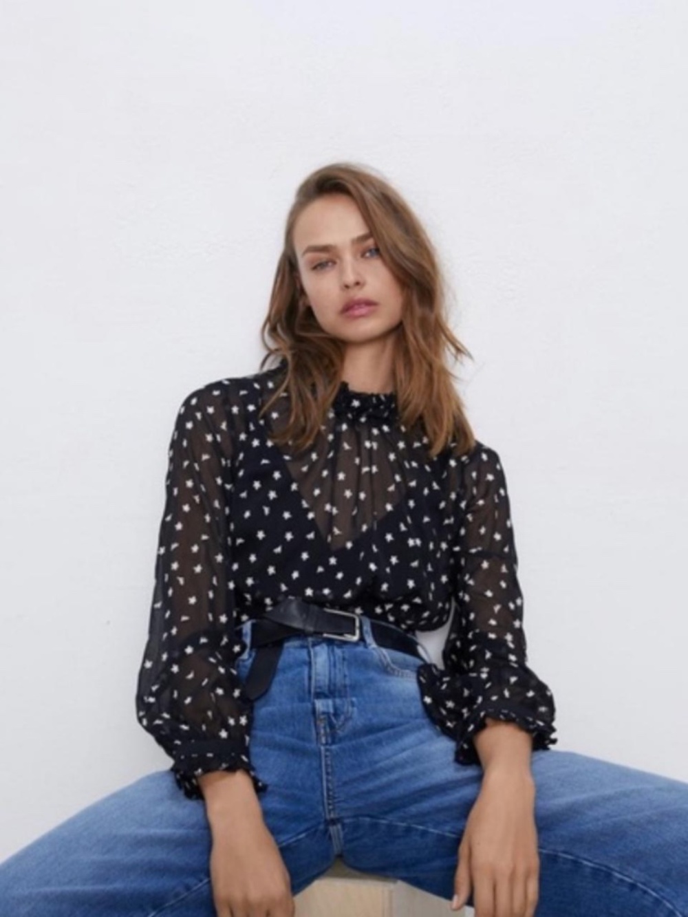 Zara Womens Top Shirt Small Black Sheer Ruffles Embroidered Keyhole Party